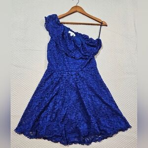 Francesca's Elegant Royal Blue Modern Lace & Ruffles One Shoulder Dress Size L